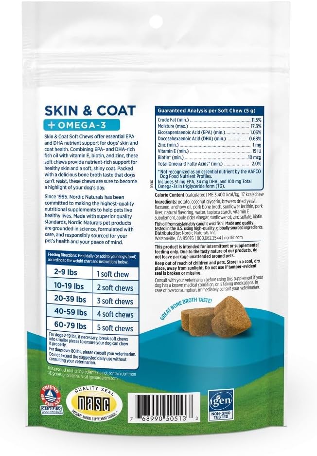 Nordic Naturals Pet Skin & Coat Soft Chews with Omega-3-30 Pork Bone Broth Flavored Soft Chews - Nutritional Support for Healthy Skin & a Soft and Shiny Coat - Non-GMO and IFOS Certified