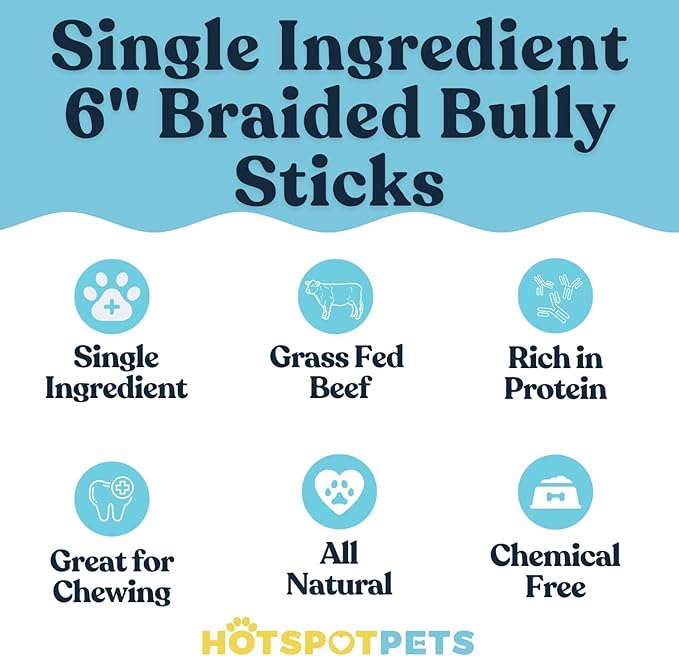hotspot pets Braided Bully Sticks for Dogs -6 Inch Stix (5 Pack) Premium All Natural Long Lasting Twisted Beef Pizzle Dog Chews -Natural Dental Health, Grain Free, Fully Digestible Rawhide Alternative