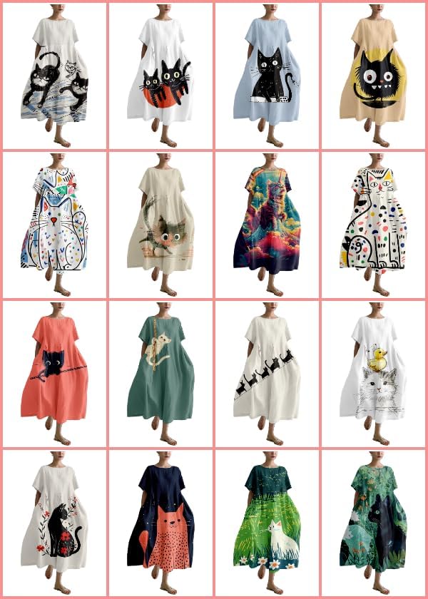 MARSVOVO Summer Dress for Women Funny Cat Graphic Cute Short Sleeve Maxi Dress Causal Plus Size Party Dress for Women