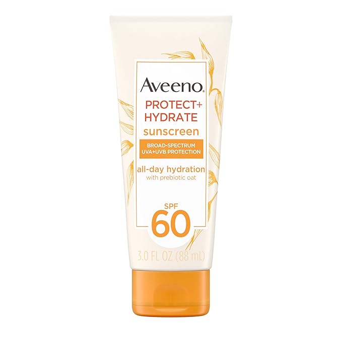 Aveeno Protect + Hydrate Moisturizing Body Sunscreen Lotion with Broad Spectrum SPF 60 & Prebiotic Oat, Weightless & Refreshing Feel, Paraben-Free, Oil-Free, Oxybenzone-Free, 3.0 fl. oz | Moisturizing, Body, Prebiotic Oat, Weightless, Refreshing Feel