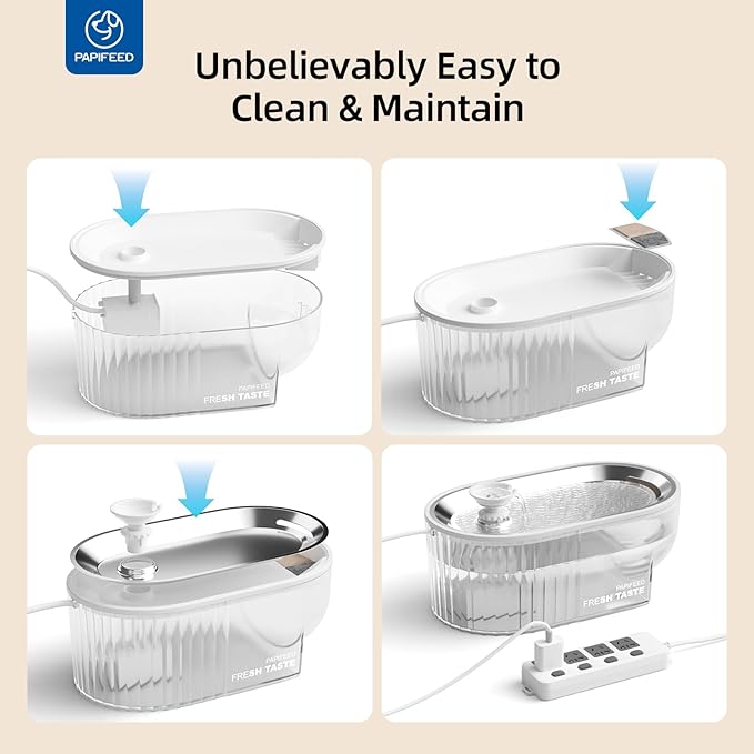 PAPIFEED Cat Water Fountain + Stainless Steel Tray (White Single Filter Element, Not Mat)