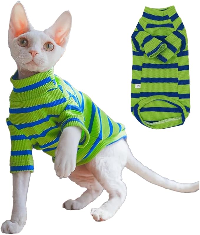 Striped Waffle Knit Shirt for Sphynx Cat, 2-Leg Long Sleeve Lightweight Outfit for Hairless Cats, Soft All-Season Pet Clothes (Green, XX-Large (9.5-12 lbs))
