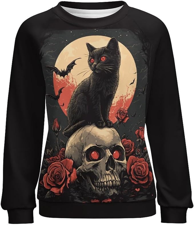 Halloween Sweatshirts for Women Black Cat Print Pullover Crewneck Oversized 2024 Fall Fashion Casual Warm Shirt