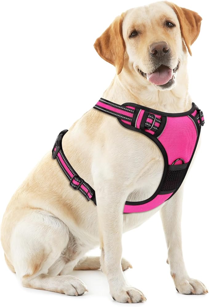 Hot Pink No-Pull Dog Harness with 2 Leash Clips，Soft Padded Vest for Large Dog, Adjustable Reflective Dog Vest Easy to Put on and Take Off,Neck: 18"~26", Chest: 25"~34",Hot Pink XL