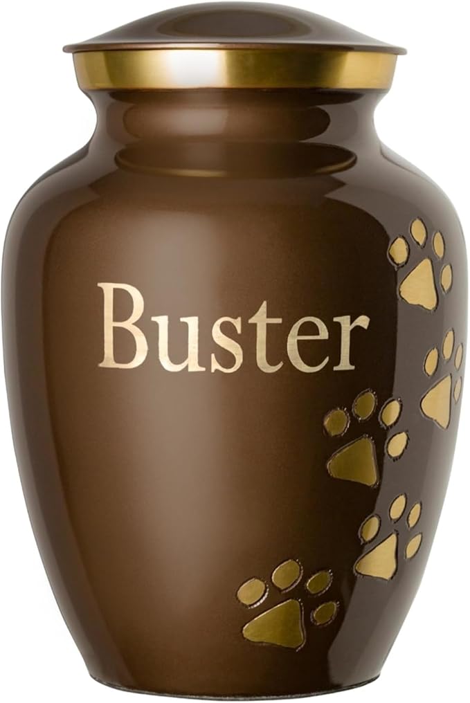 Pet Urn for Dogs and Cats with Personalized Laser Engraving, Ottillie Paws Premier Series Memorial Urns (Large Harvest Brown with Vertical Brass Paws)