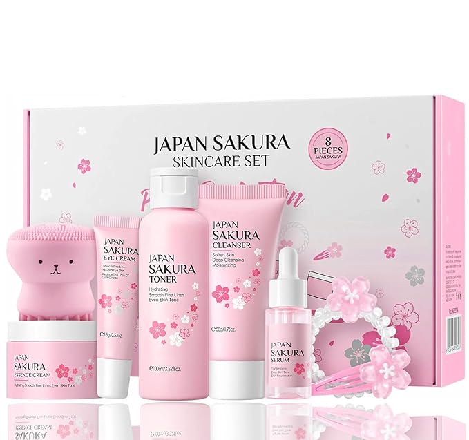 Skin Care Set for Teens Girls,Cherry Blossoms Skincare for Girls 10-12,Hydrating Face Skin Care Kit with Cleanser,Toner,Serum,Eye Cream,Face Cream,Galentines Gifts,Bulk Gift,Valentines Day Gifts