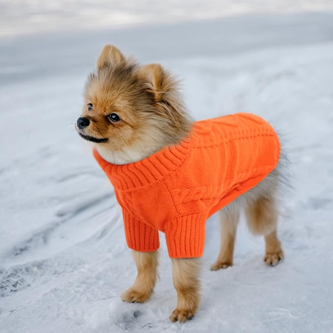 Queenmore Small Dog Pullover Sweater, Cold Weather Cable Knitwear, Classic Turtleneck Thick Warm Clothes for Chihuahua, Bulldog, Dachshund, Pug (Orange, X-Small)