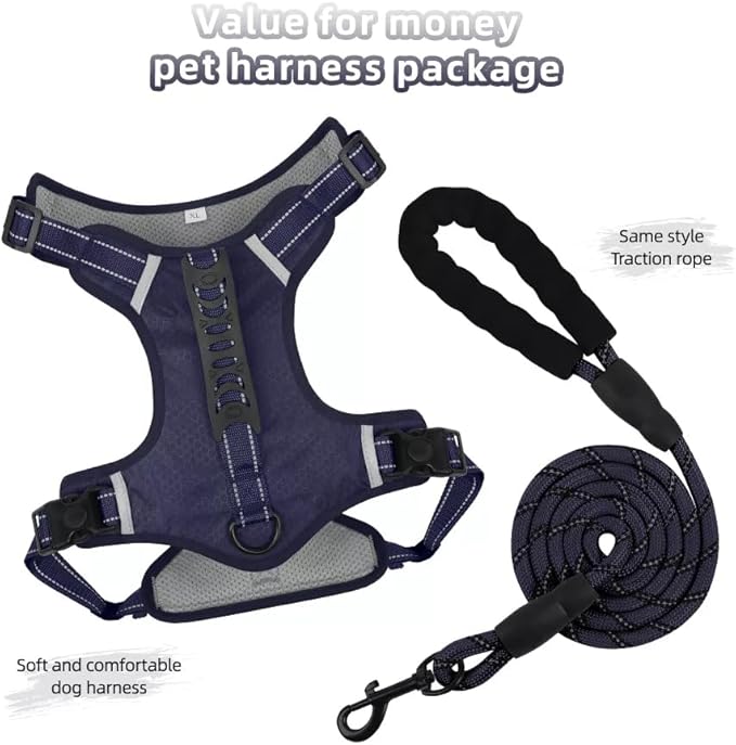 Dog Harness No Pull Adjustable Reflective,for Medium and Large Small Dog with Leash 59.06in (Dark Blue, S)