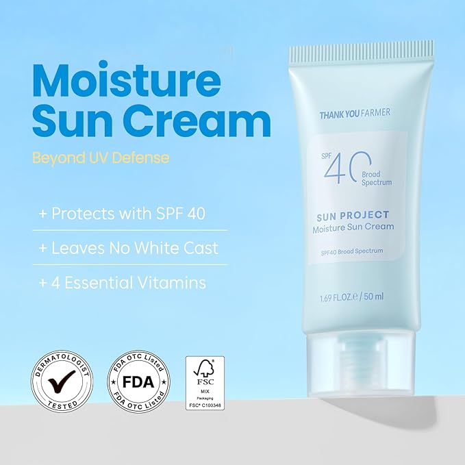 THANKYOU FARMER Sun Project Moisture Sun Cream SPF 40 - Korean Sunscreen with Panthenol - Fragrance Free, Broad Spectrum, Dermatologist Tested, Moisturizing, No White Cast 1.69 fl oz