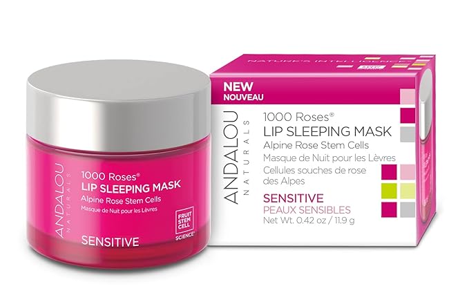 Andalou Naturals Mask 1000 ROSES, Overnight Sleeping Mask for Dry, Chapped Lips, Plumping, Hydrating & Soothing Balm with Alpine Rose Stem Cells, Vegan & Cruelty-Free, 0.42 O