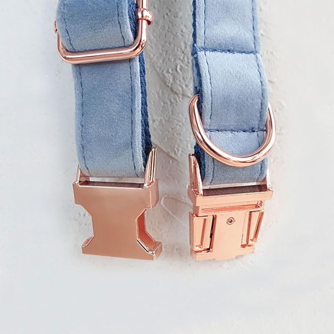 PETDURO Personalized Dog Collar Dusty Blue Soft Velvet for Large Medium Small Boy Girl Dogs - Custom Collar with Name Phone Engraved on Rose Gold Metal Buckle - Add Leash Bow Set via Customize Now