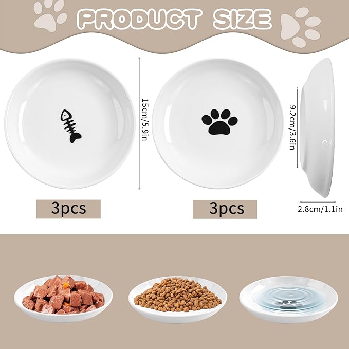 6 Pack Cat Food Bowl, Ceramic Cat Bowls, Anti Whisker Fatigue Cats Bowl Set,5.5 Inches Shallow Wide Kitten Plates for Food and Water (Cat's Paw+Fishbone)