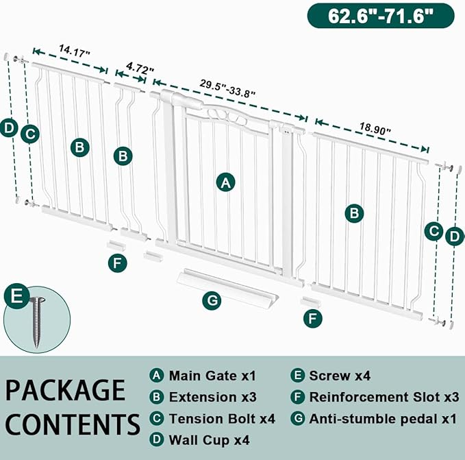 Fairy Baby 62.6"-71.6" Extra Wide Large Pet Gates for Doorways &Stairs, Long Dog Gate for The House, Pressure Mount Kit Safety Baby Barrier Fence Indoor Outdoor for Child Kids Toddlers Puppy, White