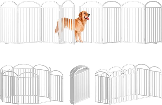 8 Panels Full Matel Freestanding Dog Gates with Door, 192"Extra Wide 36"Tall Free Standing Dog Pet Gate for Indoor & Outdoor. Foldable Pet Fences for Doorways, House, Stairs, Porch, Deck, Yard