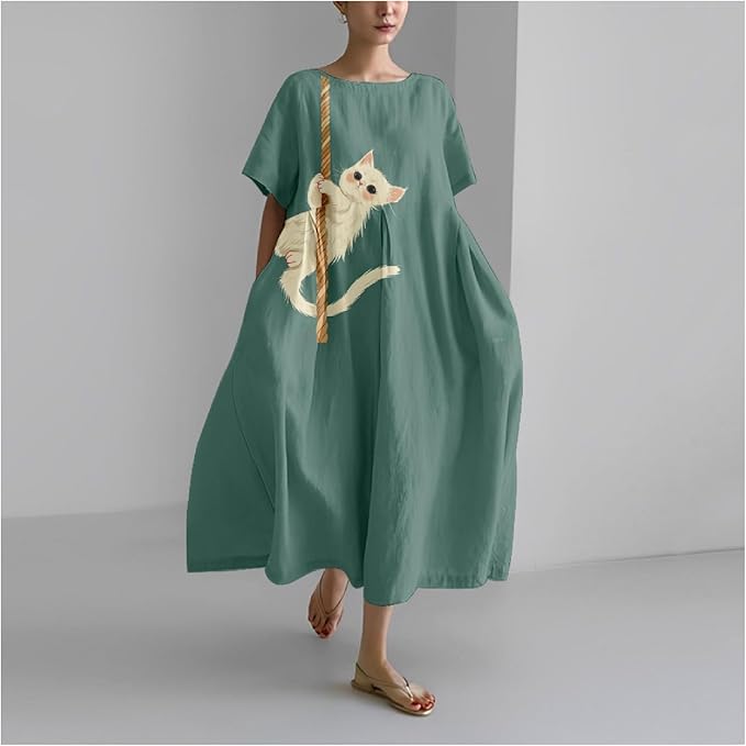 MARSVOVO Summer Dress for Women Funny Cat Graphic Cute Short Sleeve Maxi Dress Causal Plus Size Party Dress for Women
