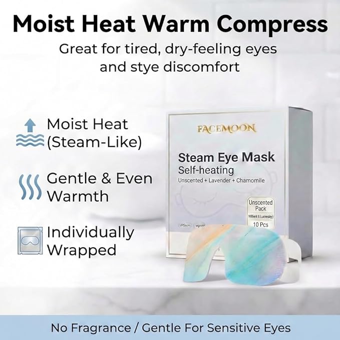 FACEMOON Self Heating Steam Eye Masks: Disposable Moist Warm Compress for Dry Eyes, Eye Strain, Stye & Stress Relief – No Microwave Needed for Relax, Travel, Sleep & Spa, Unscented
