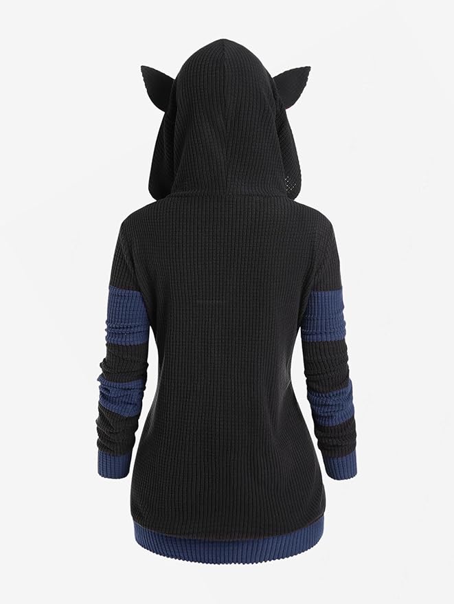 ROSE GAL Rosegal Women Plus Size Cat Ear Ribbed Hooded Blouson Jacket Animal Ear Two Tone Cute Hoodie