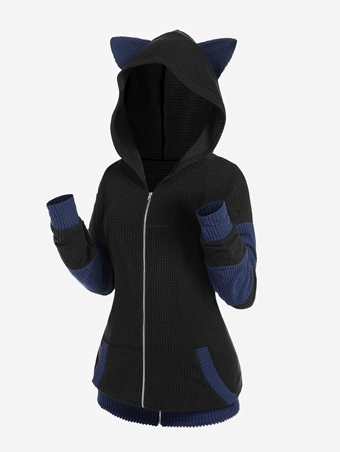 ROSE GAL Rosegal Women Plus Size Cat Ear Ribbed Hooded Blouson Jacket Animal Ear Two Tone Cute Hoodie