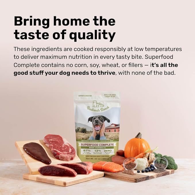 BADLANDS RANCH by Katherine Heigl- Superfood Complete, Air-Dried Adult Dog Food - High Protein, Zero Fillers, Superfood Nutrition (64 Ounce (Pack of 4), Beef)