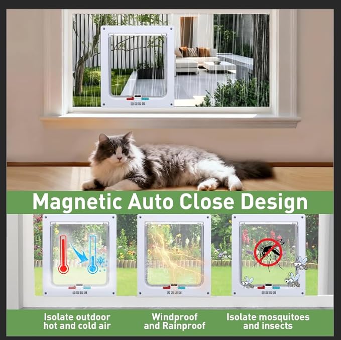 Cat Door for Window, Safety Cat Window with 4 Locking Modes, Fits 14"-32" Window, Pet Friendly Window Cat Door Insert, Ease of Installation, Magnetic Closure, Weatherproof Design, Clear Plexiglass