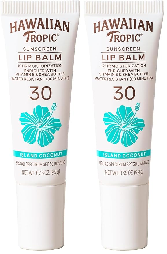 Hawaiian Tropic Lip Sunscreen SPF 30,Island Coconut | SPF Lip Balm,Beach Essentials,Travel Size Sunscreen for Lips,0.3oz,(Pack of 2)