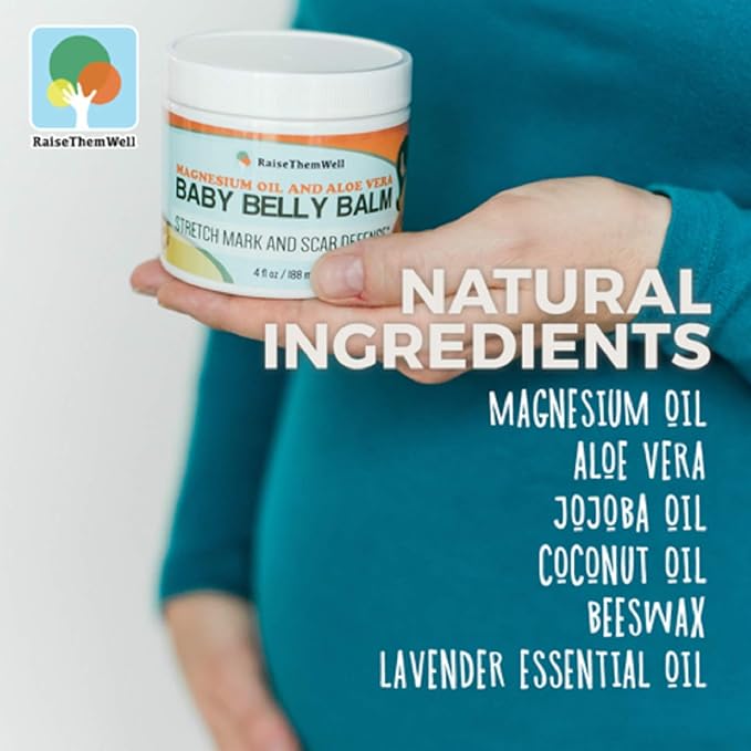 Raise Them Well Natural Belly Balm for Pregnancy with Magnesium Oil, Aloe Vera, Jojoba Coconut and Lavender Oil & Beeswax | 4 fl oz