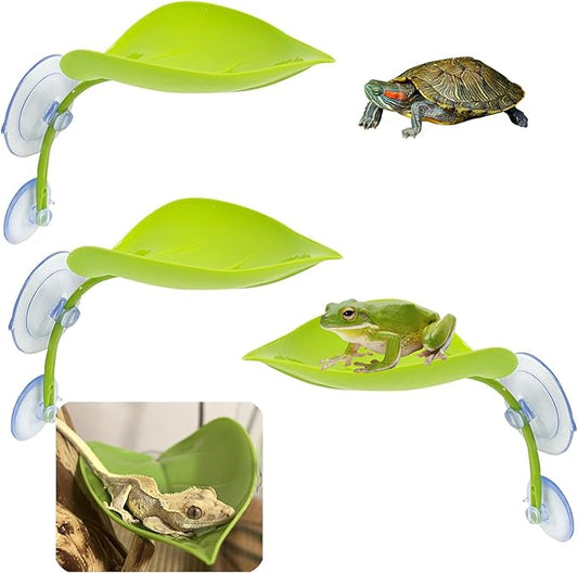KABASI 3 Pack Plastic Leaf Platform for Reptile, Leaf-Shaped Reptile Basking Resting Spot Frog Habitat Decorations with 6pcs Suction Cups, Tree Frog Tank Accessories for African Dwarf Amphibian, Green