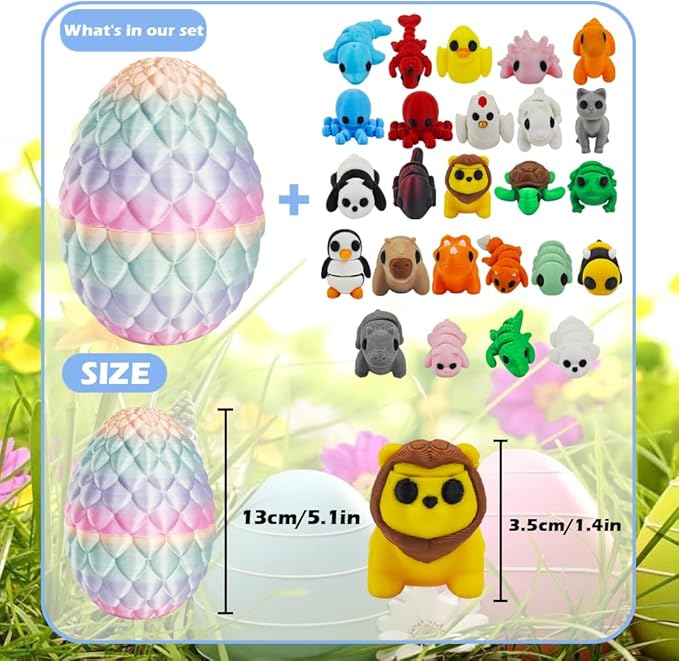 25PCS Mini 3D Printed Animal Figures Set with Dragon Egg, Premium 3D Printed Fidget Toys for Kids, Fun Party Favors, Unique Collector's Gift Set, Cute Desk Decor, Perfect Stress Relief Gift Idea