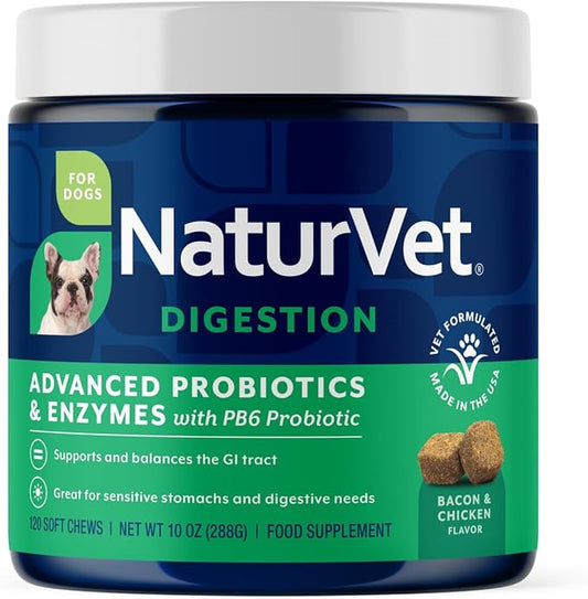 NaturVet Advanced Probiotics & Enzymes, PB6 Dog Soft Chews to Help Sensitive Stomachs and Digestive Issues, Hickory Smoked Bacon Flavored Pet Supplement for Dogs Over 6 Weeks, 120 Count Jar