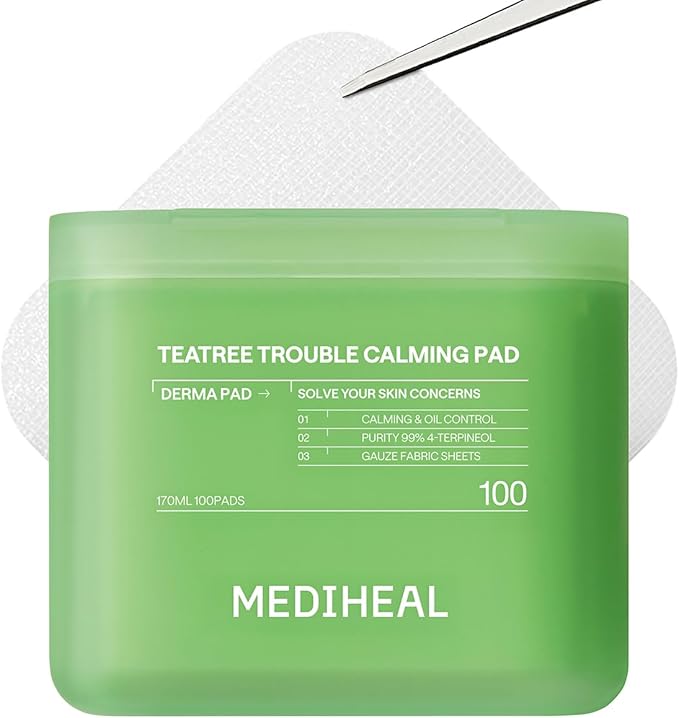 MEDIHEAL Toner Pads [Teatree] Trouble Calming - Contains Purity 99% Teatree (4-Terpineol) - Calming & Soothing for Sensitive & Acne Prone Skin - Vegan Hypoallergenic Face Gauze (100 Count)