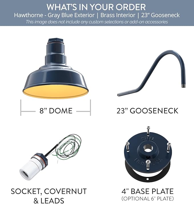 Steel Lighting Co. | Dusk to Dawn | Hawthorne Barn Light | Outdoor Wall Mounted | 8 in Dome | 23 inch Gooseneck| Small Farmhouse Light Made in America | Gray Blue/Brass