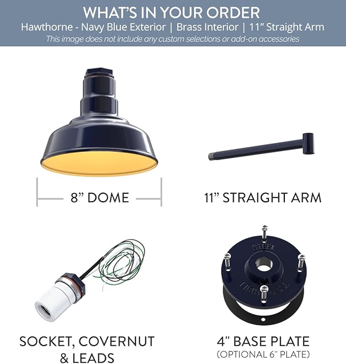 Steel Lighting Co. | Dusk to Dawn | Hawthorne Barn Light | Outdoor Wall Mounted | 8 in Dome | 11 inch Straight Arm| Small Farmhouse Light Made in America | Navy Blue/Brass