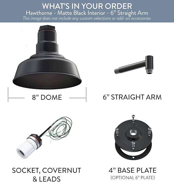 Steel Lighting Co. | Dusk to Dawn | Hawthorne Barn Light | Outdoor Wall Mounted | 8 in Dome | 6 in Straight Arm| Small Farmhouse Light Made in America | Black Exterior/White Interior