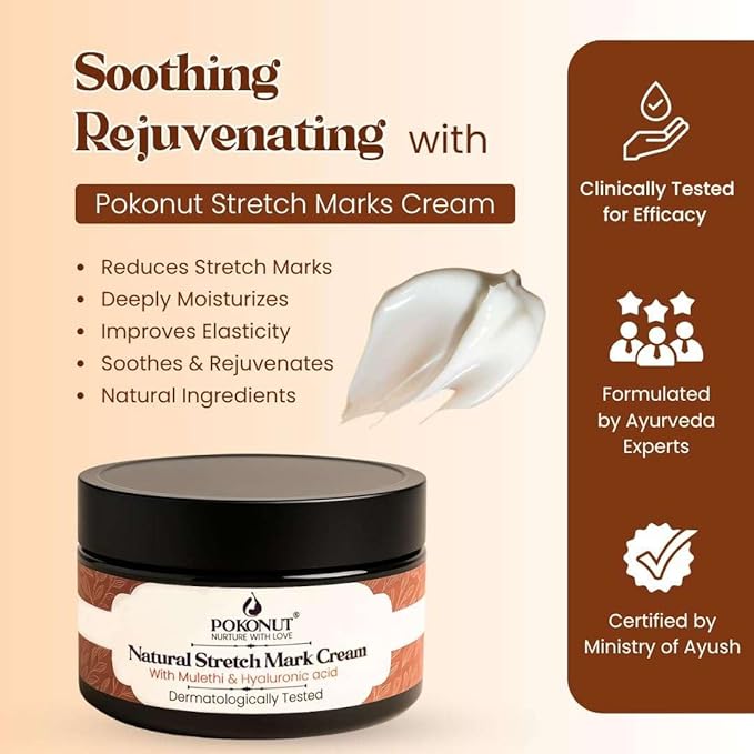 YMPIGOY POKONUT Ayurvedic Stretch Mark Cream | Improves Appearance of Fresh and Mature Stretch Marks | Infused with Hyaluronic Acid & Rosehip Oil | Natural and Cruelty-Free | 50 gm