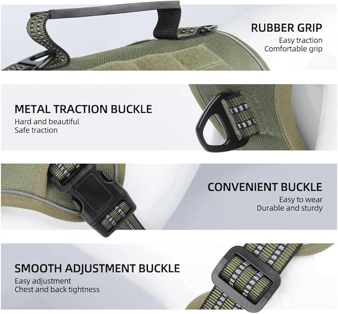 Tactical Dog Harness with Leash for Large Dogs, No Pull Adjustable Dog Harness, Reflective K9 Working Pet Vest for Walking, Training (Army Green, L)