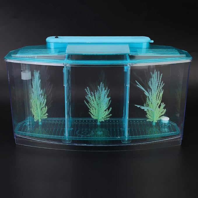 Fish Breeding Box, Aquarium Breeder Box Guppy Breeder Box Acrylic Fish Breeding Box Three Divisions Breeding Isolation Box with LED (Blue)