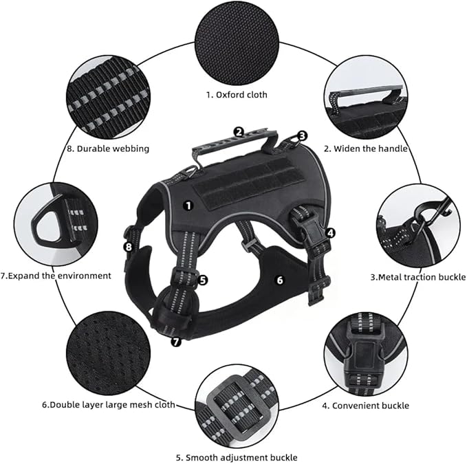 Tactical Dog Harness with Leash for Large Dogs, No Pull Adjustable Dog Harness, Reflective K9 Working Pet Vest for Walking, Training (Black, M)