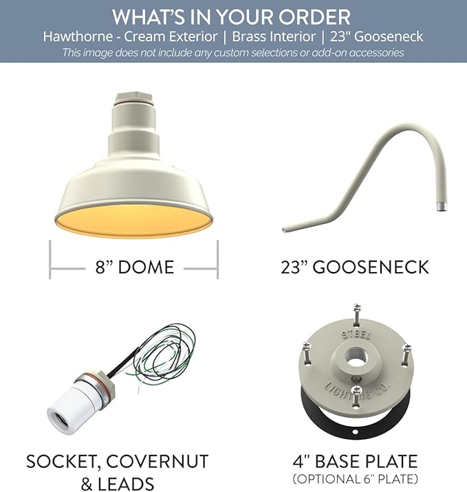 Steel Lighting Co. | Dusk to Dawn | Hawthorne Barn Light | Outdoor Wall Mounted | 8 in Dome | 23 inch Gooseneck| Small Farmhouse Light Made in America | Cream/Brass