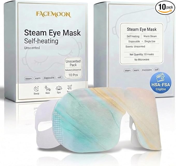 FACEMOON Self Heating Steam Eye Masks: Disposable Moist Warm Compress for Dry Eyes, Eye Strain, Stye & Stress Relief – No Microwave Needed for Relax, Travel, Sleep & Spa, Unscented