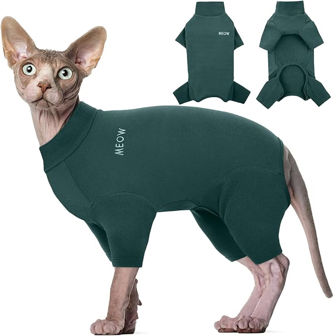 ROZKITCH Hairless Cat Clothes, Breathable Soft Jumpers for Cats Only, Coat with Four Legs, Warm Sweater T-Shirt Cat Pajamas Jumpsuit Vest Cornish Rex Devon Rex Peterbald DarkGreen 2XL