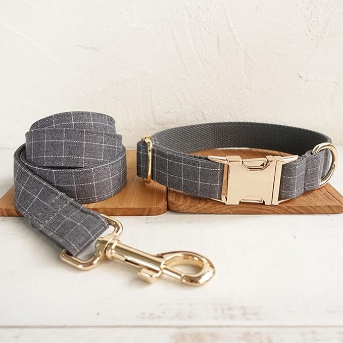 PETDURO Personalized Windowpane Plaid Dog Collar Gray - Engraved Name and Phone Number on Gold Metal Buckle - Custom for Small Medium Large Boy Girl Dogs - Add Leash Bow Tie via Customize Now