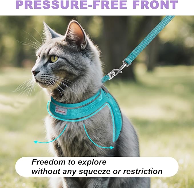 Cat Harness and Leash Set,Escape Proof Kitten Harness,Step in Adjustable Soft Lightweight,Easy Control,Reflective Strips Comfortable for Walking Travel(Ocean Blue,M)