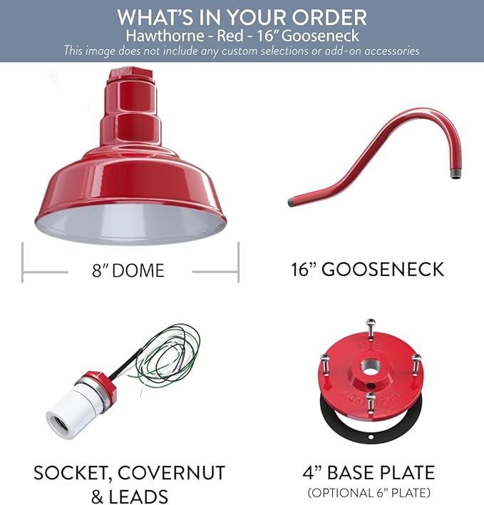 Steel Lighting Co. | Dusk to Dawn | Hawthorne Barn Light | Outdoor Wall Mounted | 8 in Dome | 16 inch Gooseneck| Small Farmhouse Light Made in America | Red Exterior/White Interior