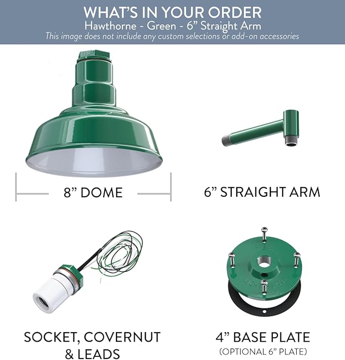 Steel Lighting Co. | Dusk to Dawn | Hawthorne Barn Light | Outdoor Wall Mounted | 8 in Dome | 6 in Straight Arm| Small Farmhouse Light Made in America | Green Exterior/White Interior