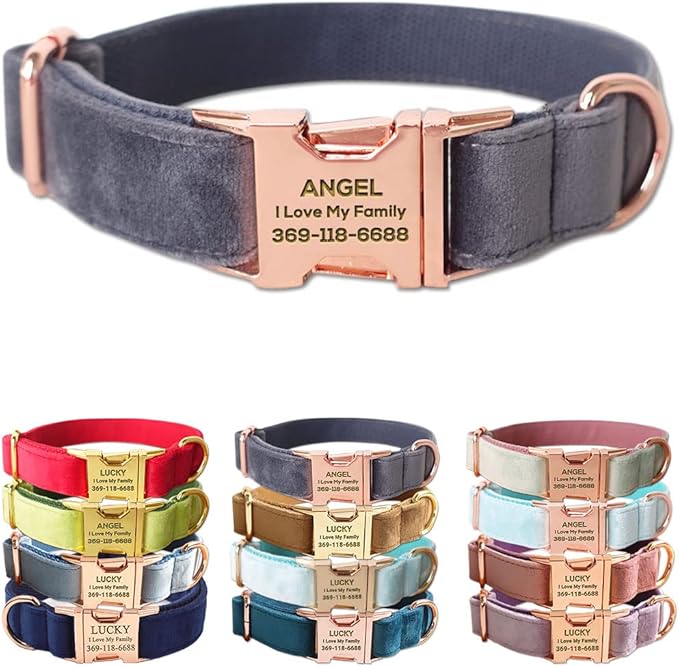 PETDURO Custom Dog Collar Personalized with Name Engraved Quick Release Rose Gold Metal Buckle for Large Medium Small Girl Dogs - Dog Leash and Bow Tie Available - Soft Comfy Velvet (Grey, L)