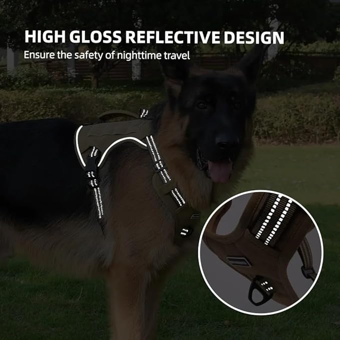 Tactical Dog Harness with Leash for Large Dogs, No Pull Adjustable Dog Harness, Reflective K9 Working Pet Vest for Walking, Training (Khaki, M)
