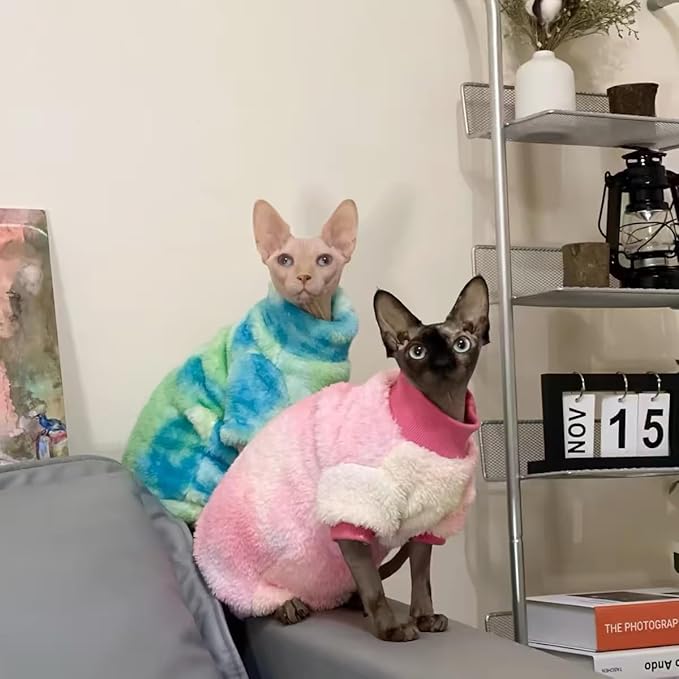 Sphynx Cat Warm Turtleneck Sweater, Thick Soft Double-Sided Fleece Clothes for Cats, Two-Legged Winter Onesie for Cats and Small Dogs,Pjs for Cats and Puppy (Green Tie-dye, M (3.5-5lbs))