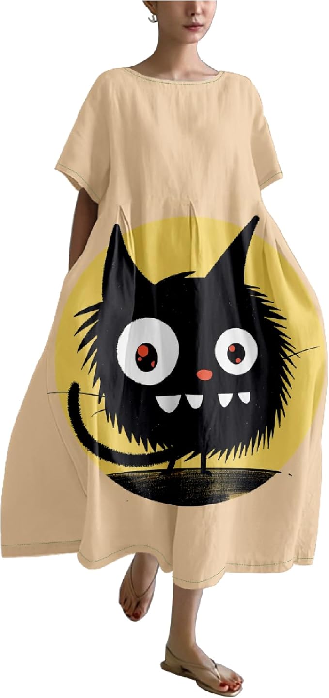 MARSVOVO Summer Dress for Women Funny Cat Graphic Cute Short Sleeve Maxi Dress Causal Plus Size Party Dress for Women