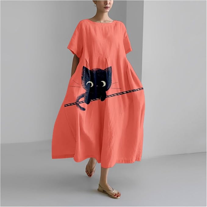 MARSVOVO Summer Dress for Women Funny Cat Graphic Cute Short Sleeve Maxi Dress Causal Plus Size Party Dress for Women