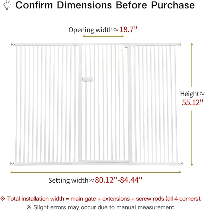 Lumizone Extra Tall Cat Gate 55.12" High Pressure Mounted Extra Wide 2025 New (17 Sizes) 1.37" Gap No Drilling Auto-Close One-Handed Operation Tall Pet Gate for Dogs(White, 55.12" H x 80.12"-84.44" W)